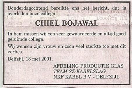 Advertentie van het overlijden van Chiel (Machiel) Bojawal