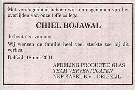 Advertentie van het overlijden van Chiel (Machiel) Bojawal