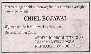 Advertentie van het overlijden van Chiel (Machiel) Bojawal