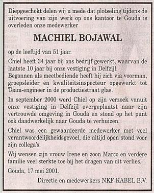 Advertentie van het overlijden van Chiel (Machiel) Bojawal