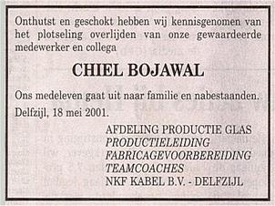Advertentie van het overlijden van Chiel (Machiel) Bojawal
