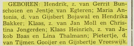 Geboorteaankondiging van Maria Antonia Bojawal in de plaatselijke courant van 28 mei 1935