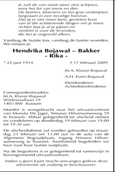 Overlijdensadvertentie van Hendrika Bakker, de 1ste echtgenote van Gijsbertus Bojawal