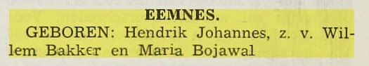 Geboorteaankondiging van Hendrik Johannes Bakker in dagblad De Bel van 1938