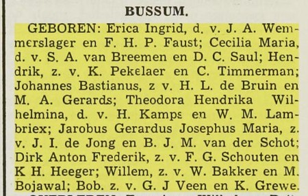 Geboorteaankondiging van Willem Bakker in dagblad De Bel van 1941
