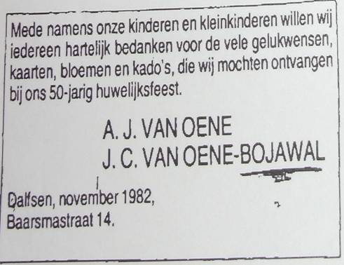 Advertentie 50 jarig huwelijk van Jacoba Clasina Bojawal en Albert Jan van Oene