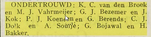 Aankondiging van de ondertrouw Gijsbertus Bojawal en Hendrika Bakker in de plaatselijke courant van 10 april 1934