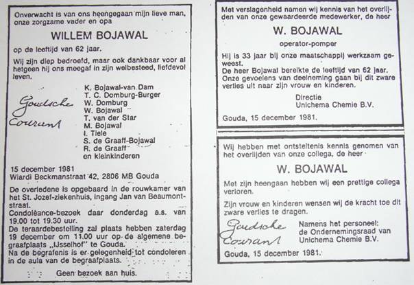 Overlijdensadvertentie in de Goudsche courant Willem Bojawal en Klazina van Dam