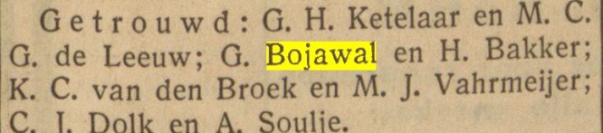 Aankondiging van het huwelijk Gijsbertus Bojawal en Hendrika Bakker in de Bussumsche Courant van 26 april 1934