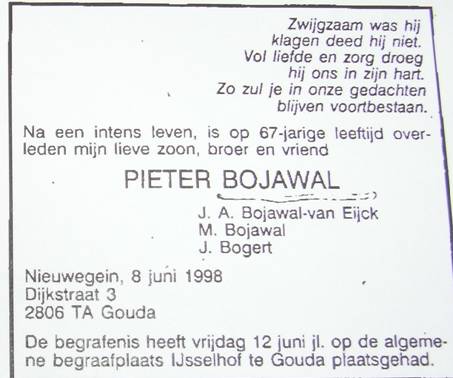 Overlijdensadvertentie Pieter Bojawal