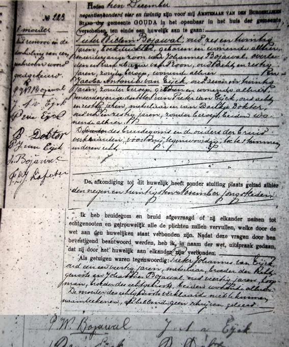 Huwelijksacte Pieter Willem Bojawal en Jacoba Antonia van Eijck