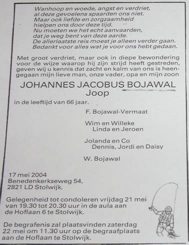 Overlijdensadvertentie Johannes Jacobus Bojawal