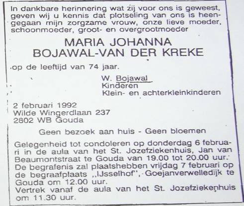 Overlijdensadvertentie Maria Johanna van der Kreke