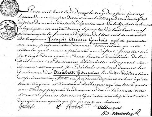 Geboorteacte Elisabeth Francoise Goulois