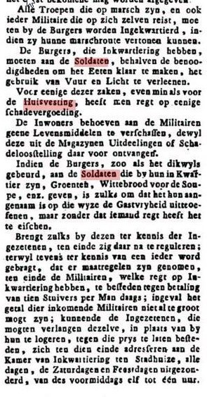 Krantenartikel over de huisvesting van soldaten